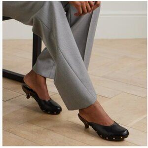 FSJ Black Retro Round Toe Mules Wooden Kitten Heel Trendy Studded Slide Sandals